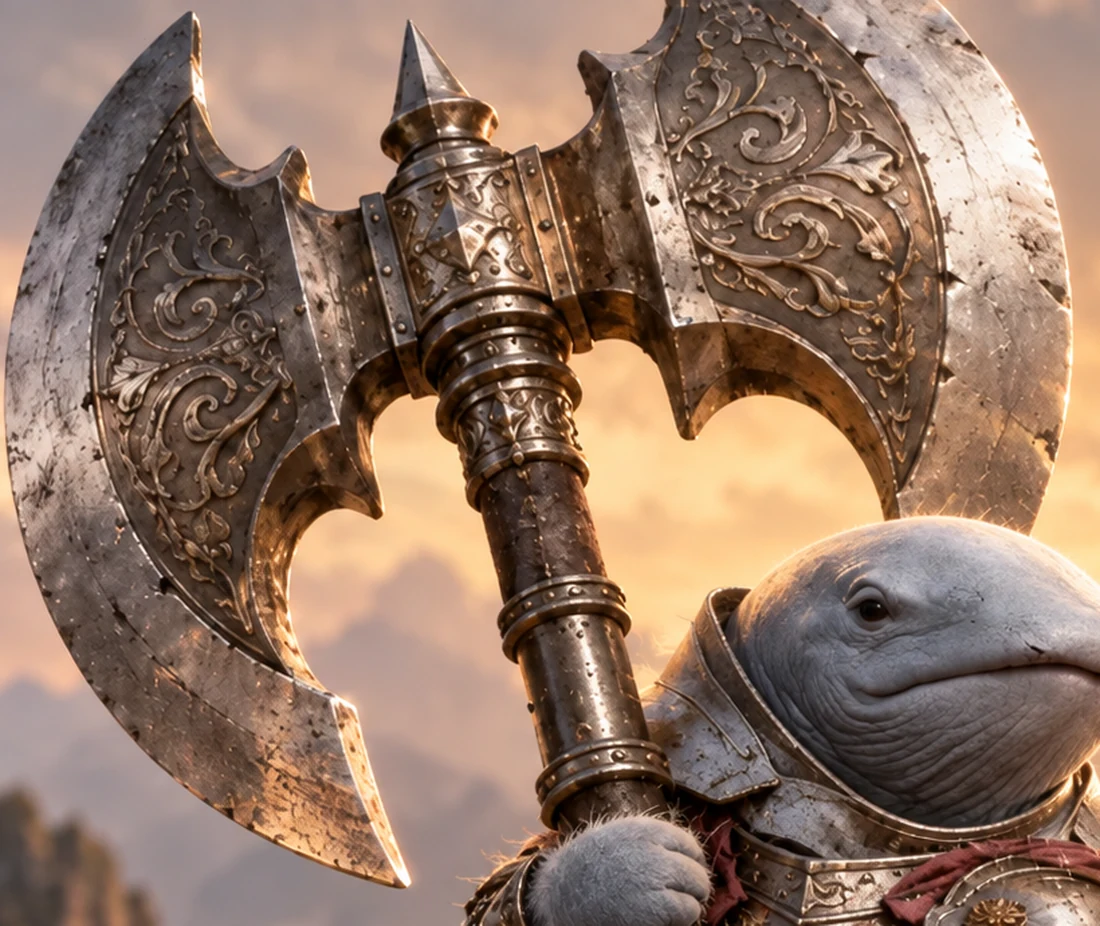 Close view of the ornate double axe